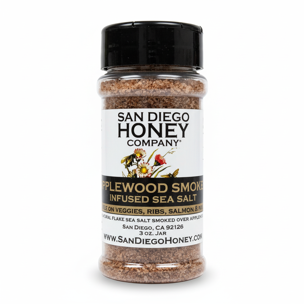 Savor Applewood Smoked Sea Salt — rich, smoky gourmet seasoning perfect for meats, veggies, popcorn & more. Small-batch artisan salt from San Diego.