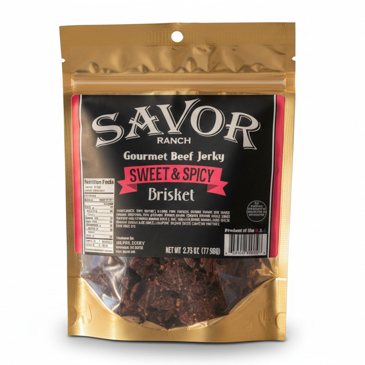 Try Sweet & Spicy Brisket Jerky — tender, bold beef with sweet heat and rich flavor. Handcrafted gourmet snack perfect for gifts, outdoor adventures & everyday enjoyment.