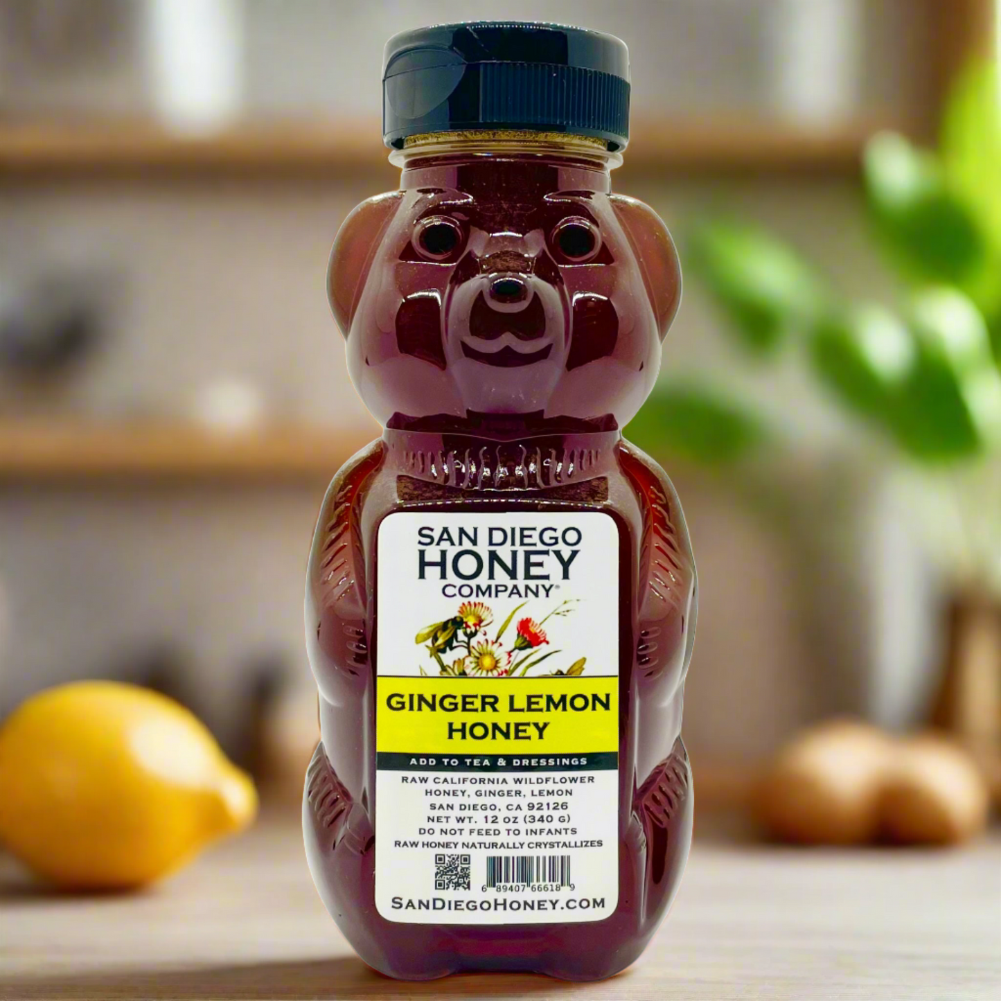 Enjoy Ginger Lemon Infused Honey in a 12oz bear — zesty, bright flavor perfect for tea, toast, cocktails & wellness routines. Small-batch San Diego honey.