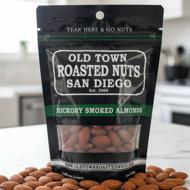Enjoy Hickory Smoked Almonds — crunchy, smoky gourmet snack with rich hickory flavor. Perfect for snacking, gifting, road trips & everyday munching from San Diego Honey.