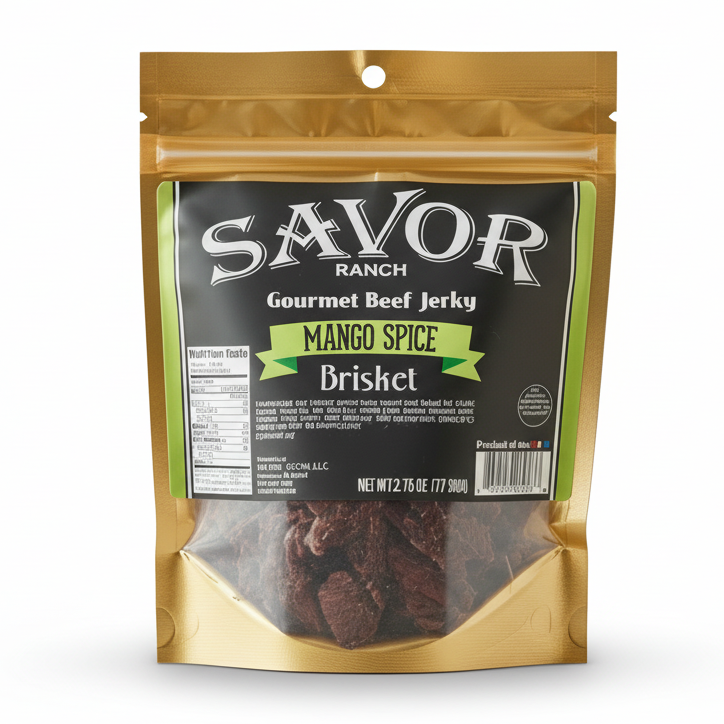 Try Mango Spice Beef Jerky — tender brisket with tropical mango sweetness, garlic, ginger and a bold spicy finish. Handcrafted savory snack for flavor lovers.