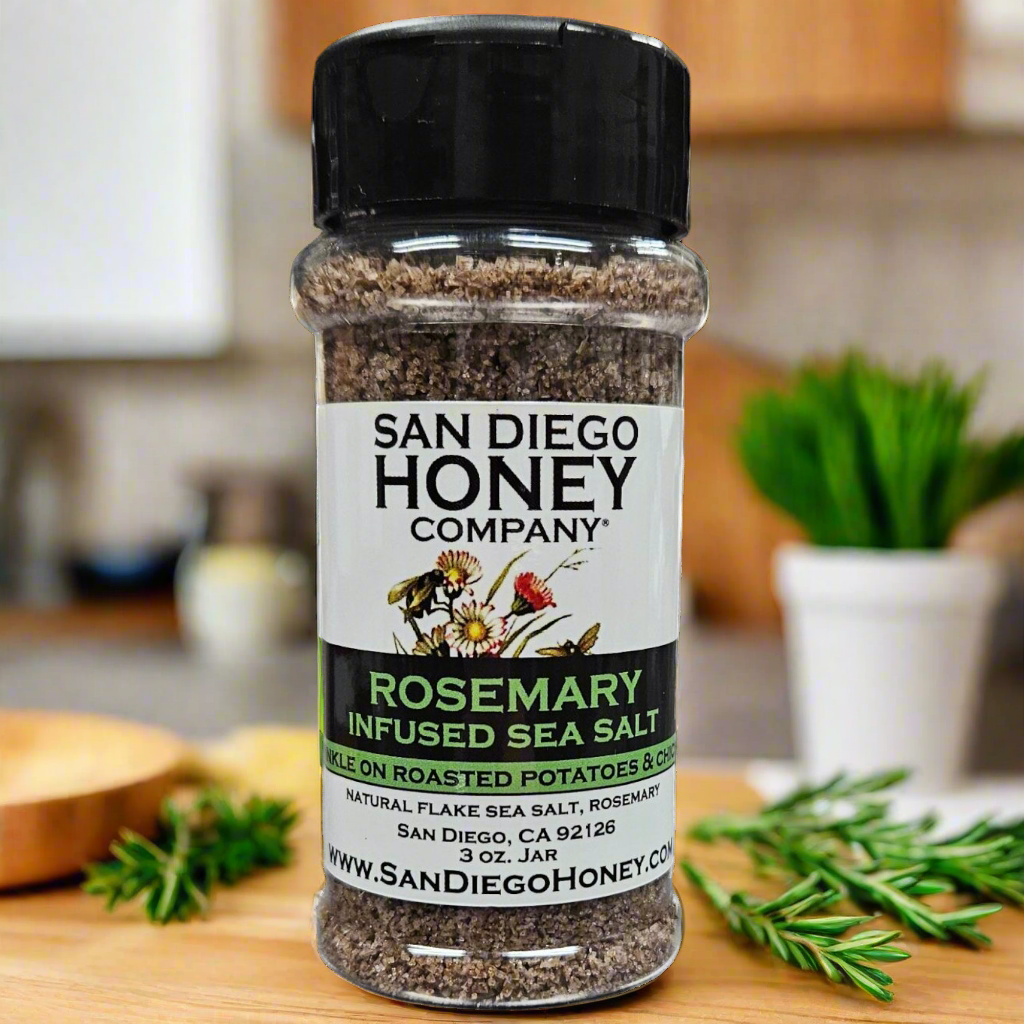 Discover Rosemary Sea Salt — aromatic, herb-infused gourmet seasoning perfect for roasted veggies, meats, potatoes & breads. Small-batch artisan salt from San Diego.