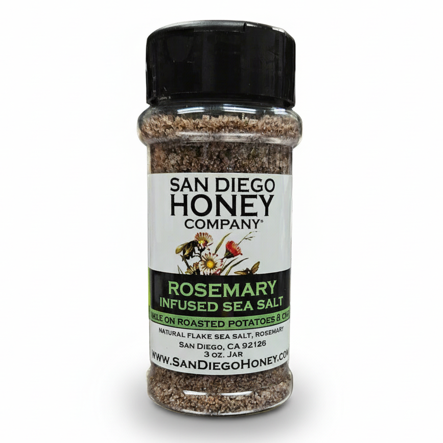 Discover Rosemary Sea Salt — aromatic, herb-infused gourmet seasoning perfect for roasted veggies, meats, potatoes & breads. Small-batch artisan salt from San Diego.