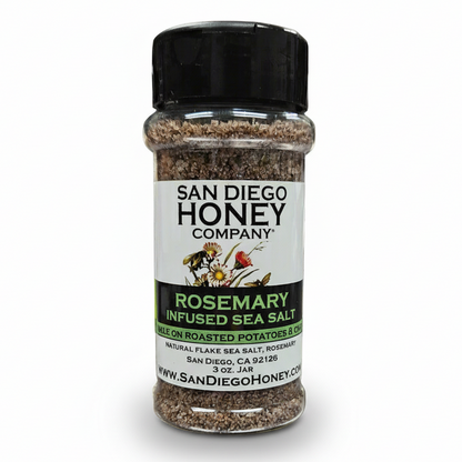 Discover Rosemary Sea Salt — aromatic, herb-infused gourmet seasoning perfect for roasted veggies, meats, potatoes & breads. Small-batch artisan salt from San Diego.