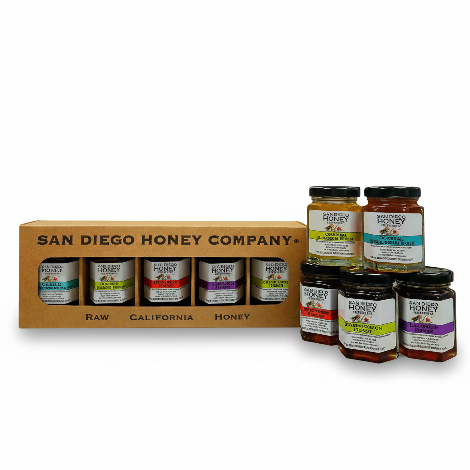 Taste the best of San Diego Honey with our Favorites Flight sampler — 5 mini jars of raw, infused & wildflower honeys. Perfect for gifting or flavor exploration.
