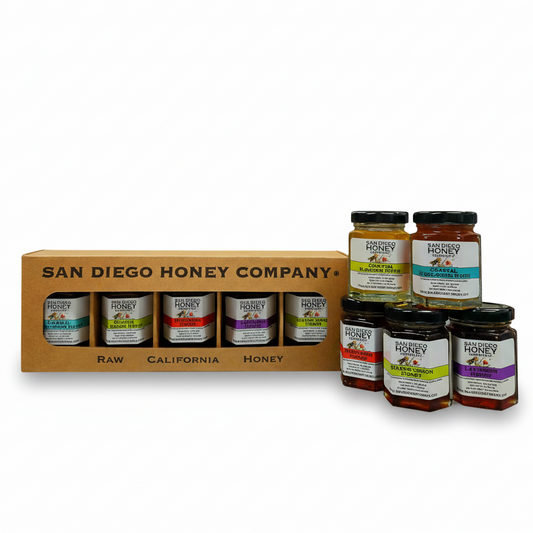 Taste the best of San Diego Honey with our Favorites Flight sampler — 5 mini jars of raw, infused & wildflower honeys. Perfect for gifting or flavor exploration.
