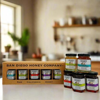 Taste the best of San Diego Honey with our Favorites Flight sampler — 5 mini jars of raw, infused & wildflower honeys. Perfect for gifting or flavor exploration.
