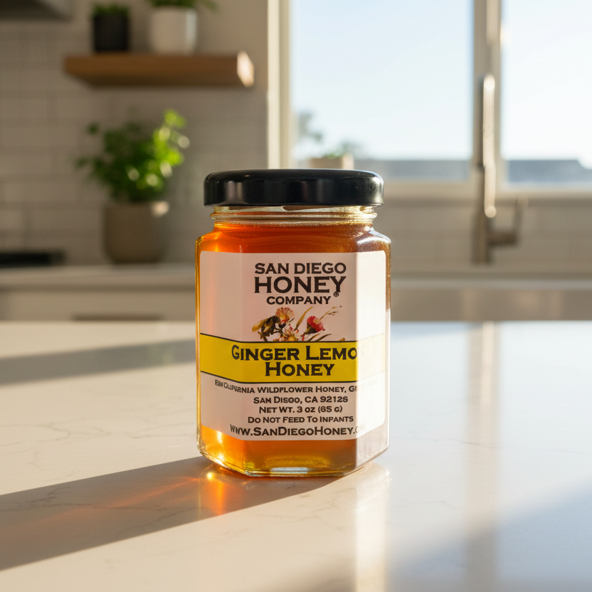 Enjoy Ginger Lemon Infused Honey in a 3 oz jar — zesty, bright flavor perfect for tea, toast, cocktails & wellness routines. Small-batch San Diego honey.