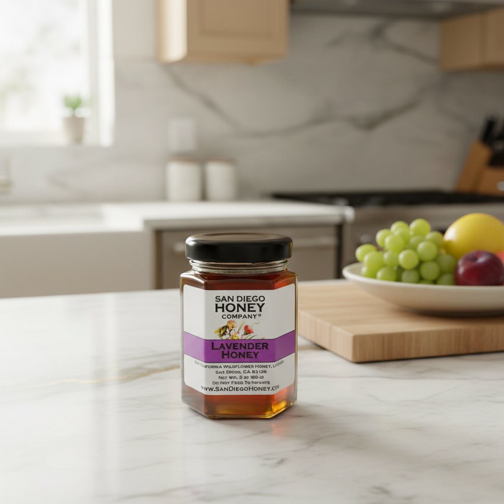 Enjoy Lavender Infused Raw San Diego Wildflower Honey — floral, soothing flavor perfect for tea, toast, desserts & gifting. Small-batch local honey.