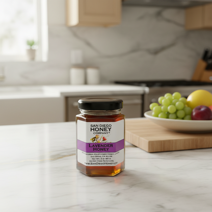Enjoy Lavender Infused Raw San Diego Wildflower Honey — floral, soothing flavor perfect for tea, toast, desserts & gifting. Small-batch local honey.