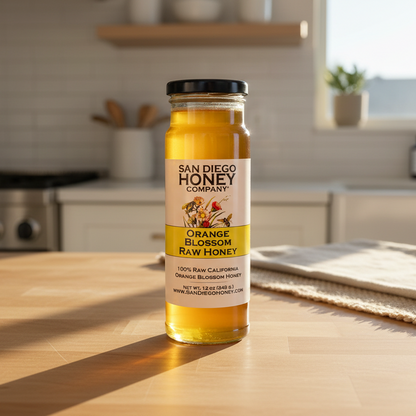 Delight in Orange Blossom Honey — a fragrant, floral raw honey perfect for tea, drizzling, baking & brunch. Small-batch San Diego honey with vibrant flavor.