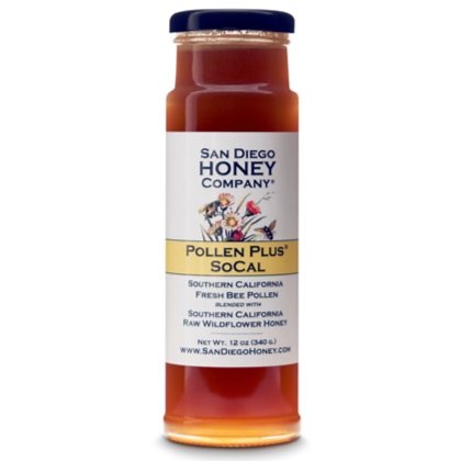 Enjoy Pollen Plus 12oz — a flavorful honey blend packed with bee pollen nutrients. Great on yogurt, toast or smoothies. Raw, natural and San Diego-made.