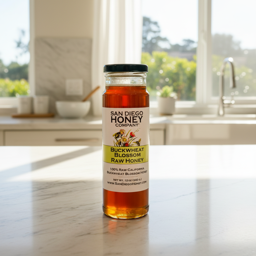 Discover Raw San Diego Buckwheat Blossom Honey — rich, bold and dark with deep flavor. Great on toast, in marinades, cheese boards & tea. Small-batch local honey.